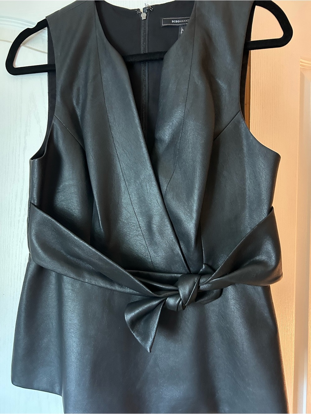 BCBGMaxAzria Black Faux Leather Wrap Top